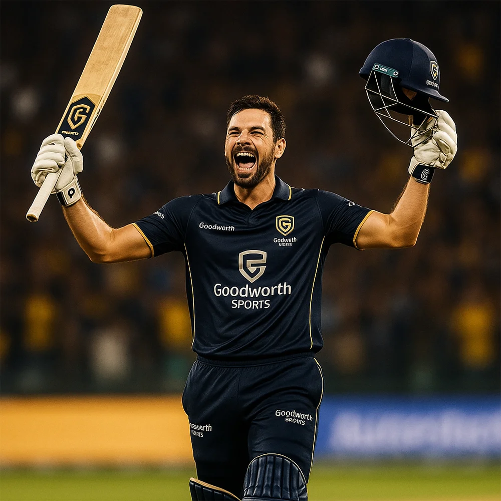 A cricket player in a navy Goodworth uniform raises his bat and helmet in celebration, standing amidst a cheering crowd.