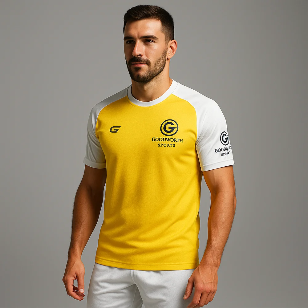 A model wearing a vibrant yellow sports jersey with white sleeves and logos, showcasing an athletic fit against a neutral background.