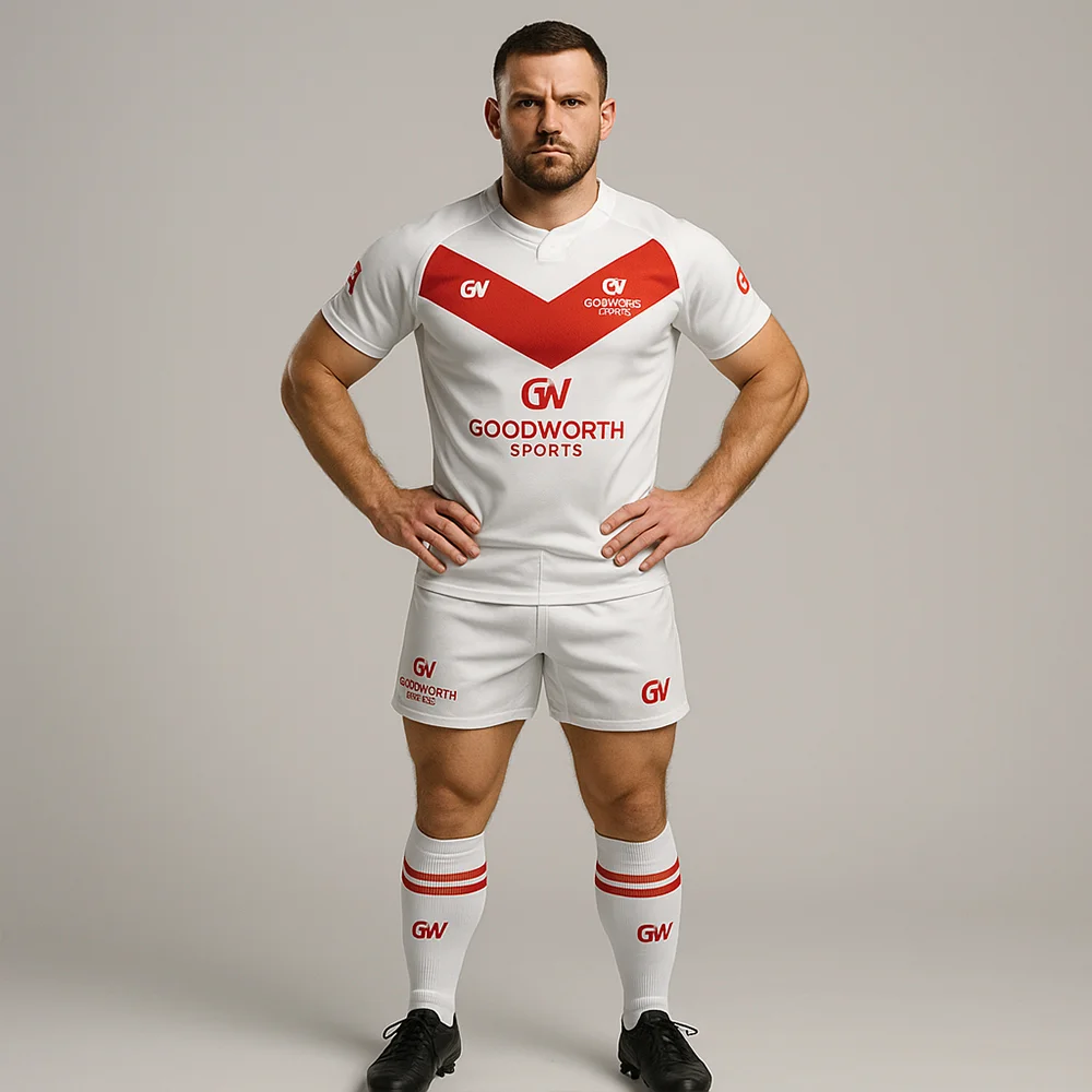 A male athlete stands confidently in a white rugby uniform featuring red accents and branding from Goodworth Sports.