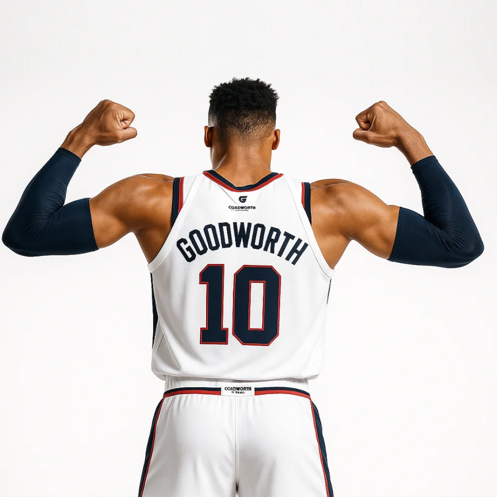A basketball player in a white jersey flexes, showing the name "GOODWORTH" and number "10" on the back, showcasing athleticism.