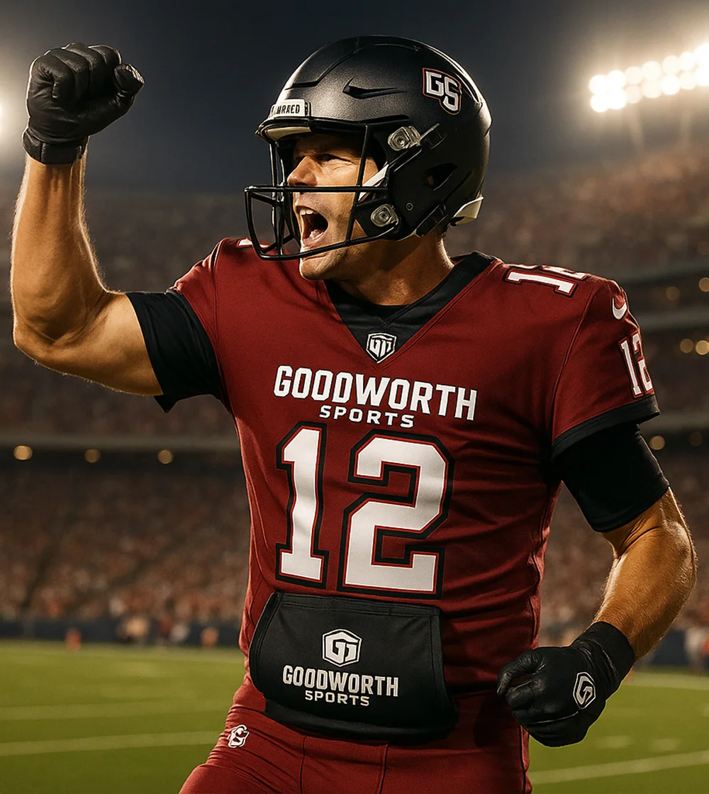 A football player in a maroon uniform with "GOODWORTH SPORTS" logo celebrates, clenching his fist in a dynamic pose on a brightly lit field.