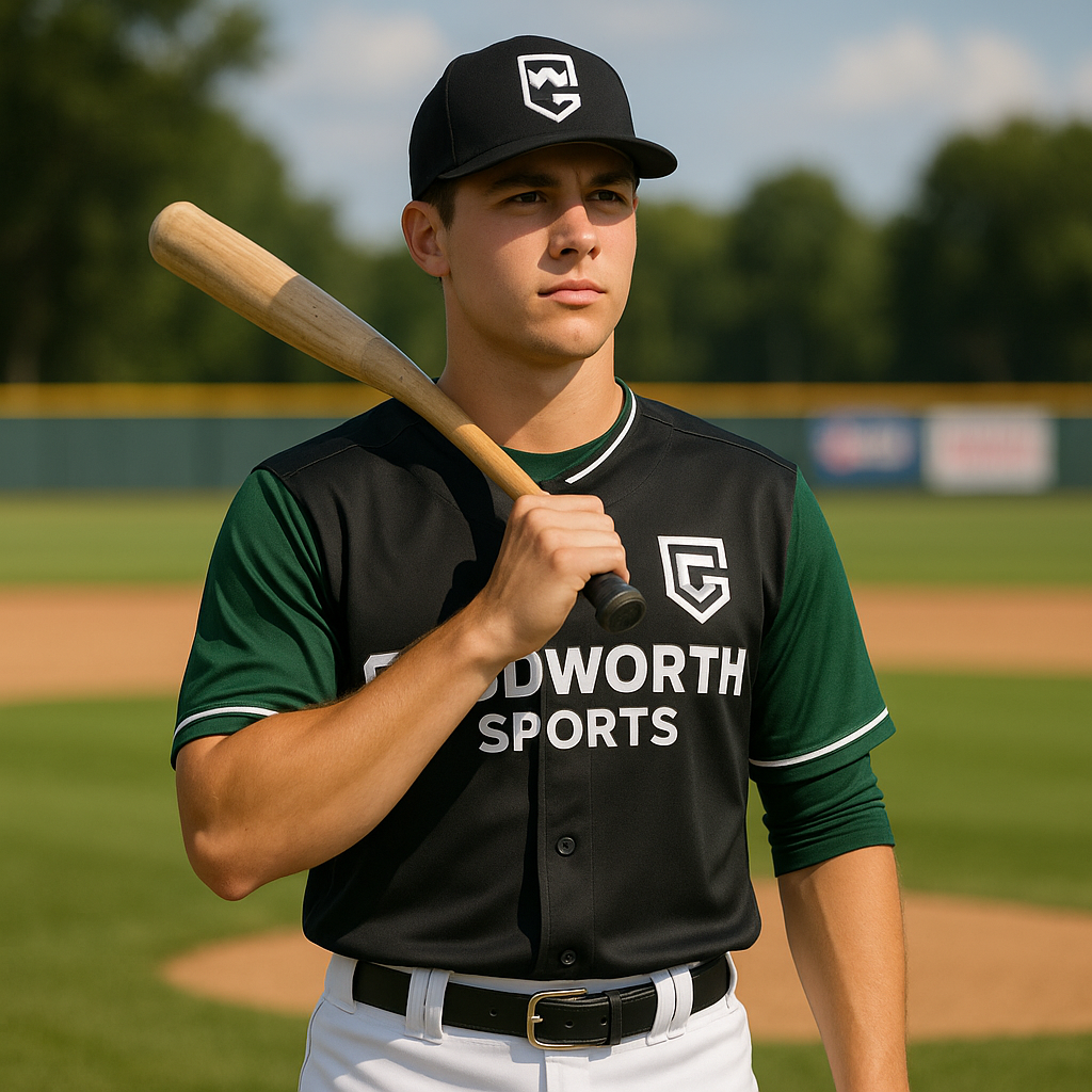 A young baseball player stands on the field holding a wooden bat, wearing a black and green team jersey with "Goodworth Sports" printed on it.
