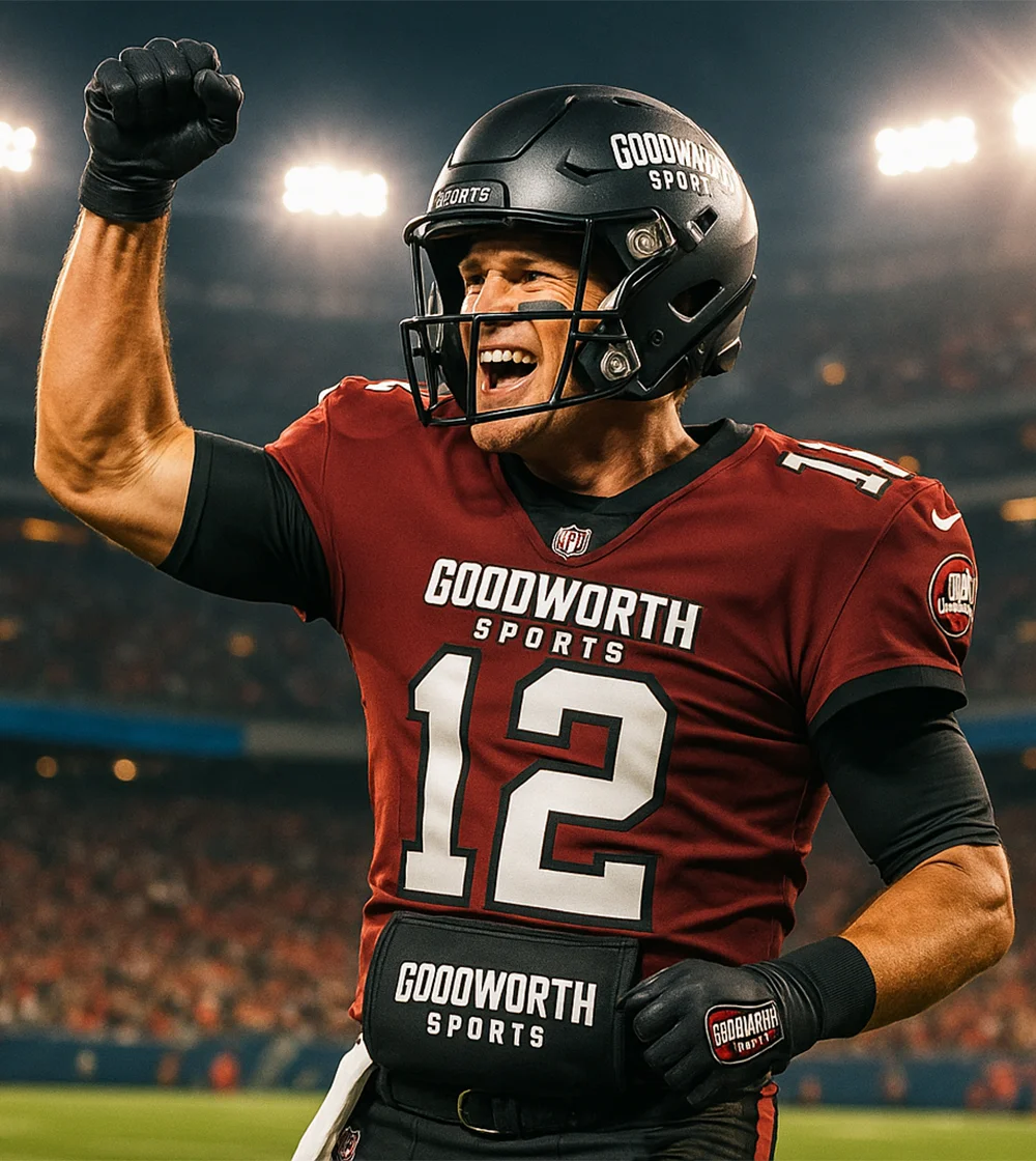 A football player in a maroon jersey with "Goodworth Sports" flexes his arm in celebration on the field during a game.